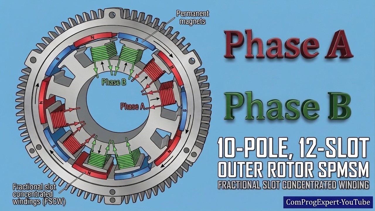Winding animation, outer rotor PMSM and BLDC, 10-pole, 12-slot