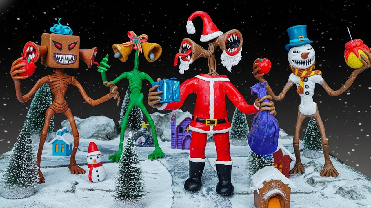 SIREN HEAD Papá Noel, caja de regalo, muñeco de nieve y campana en Navidad con arcilla