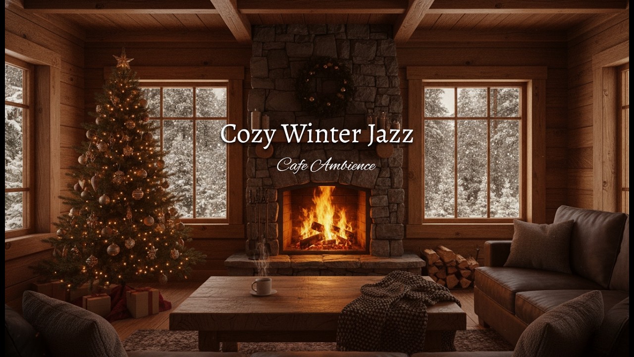 Cozy Winter Jazz ☕ Fireplace Cabin Cafe Ambience For Study & Relax