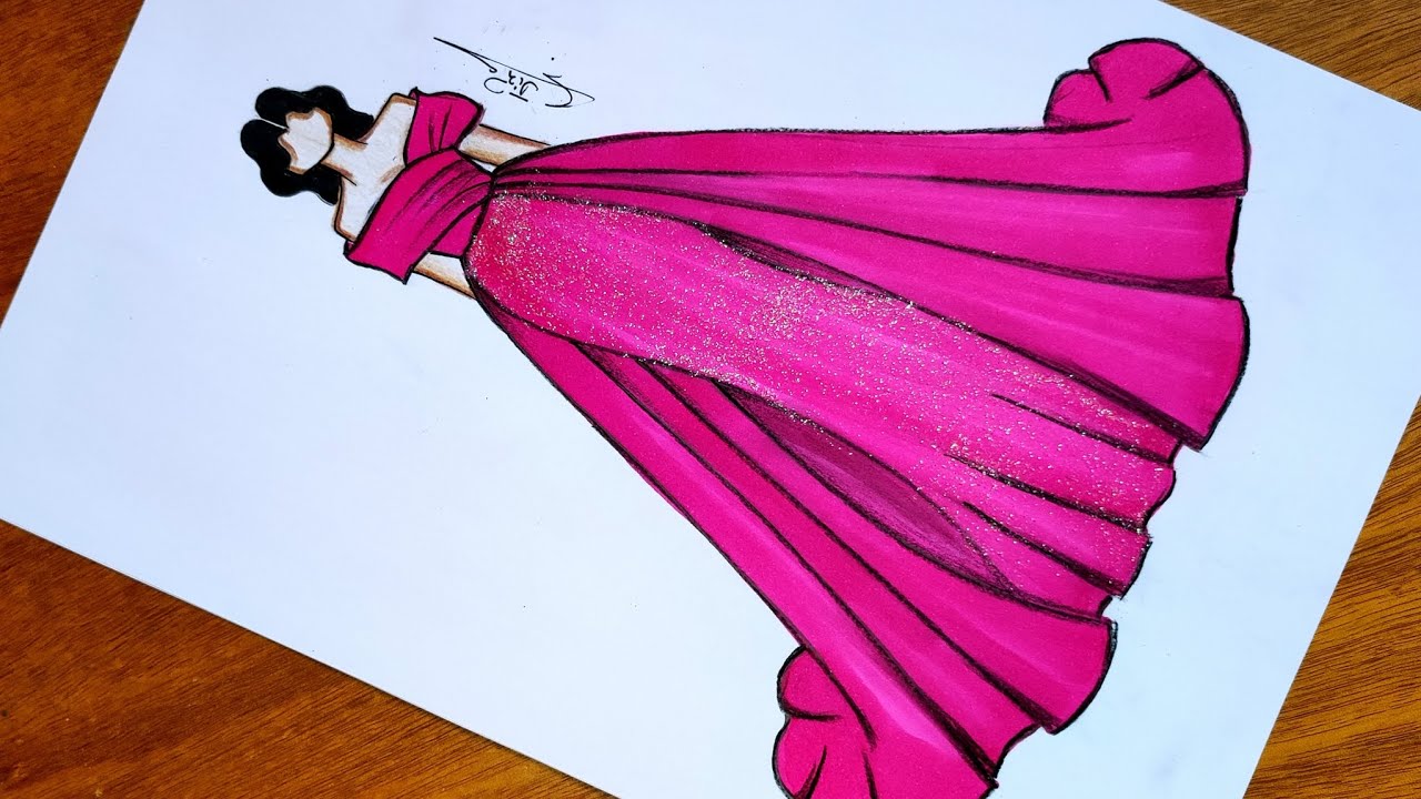 تعلم رسم فستان سهرة باللون الوردي 💕 سهل جدا بالخطوات | تعليم رسم الأزياء للمبتدئين