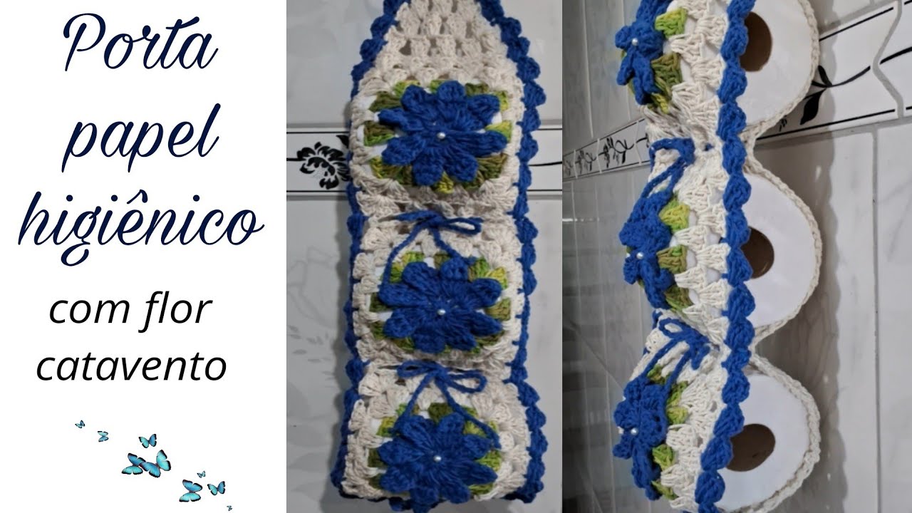 Porta papel higiênico de crochê fácil rápido e econômico com flor catavento