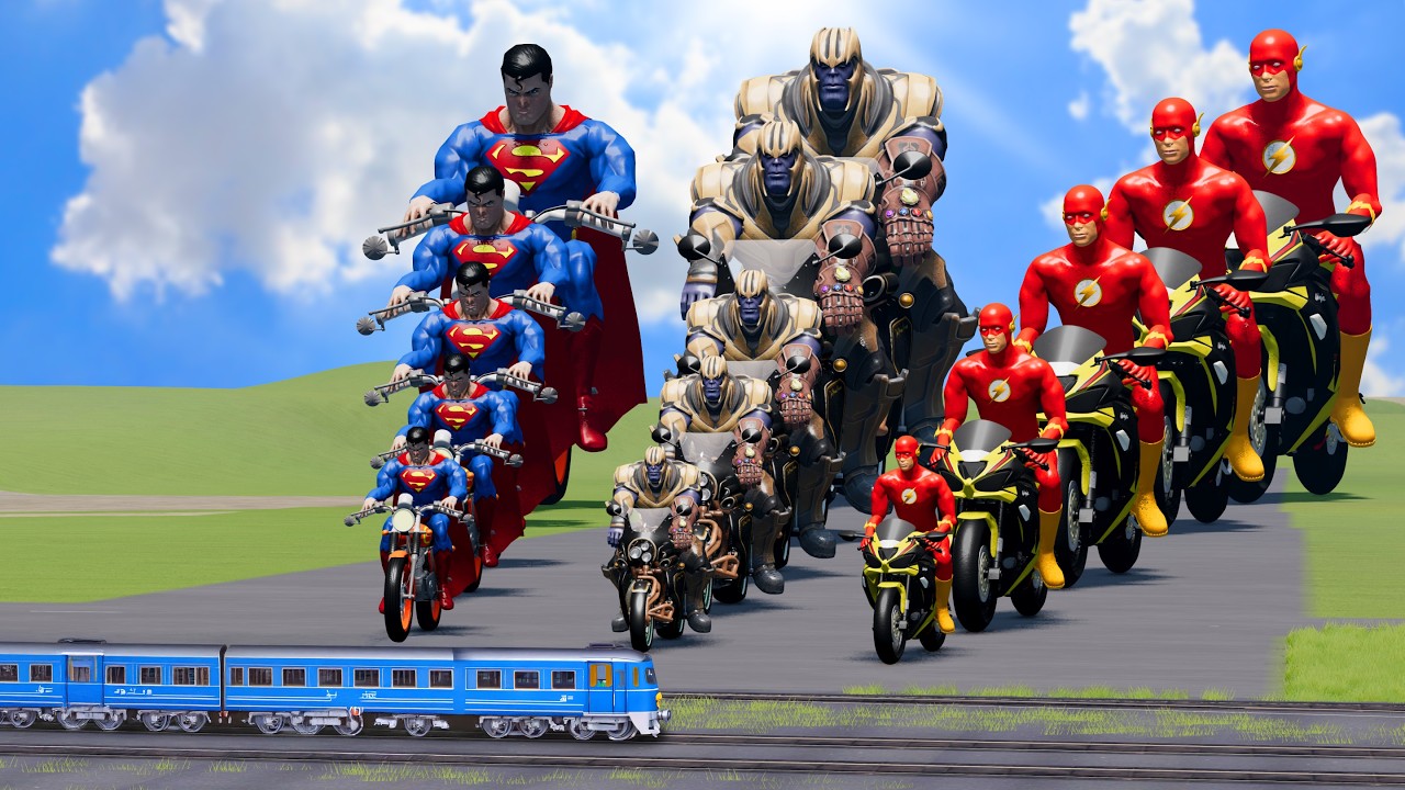 Big & Small: Flash vs Thanos vs Superman on a motorcycle vs Trains | BeamNG.Drive