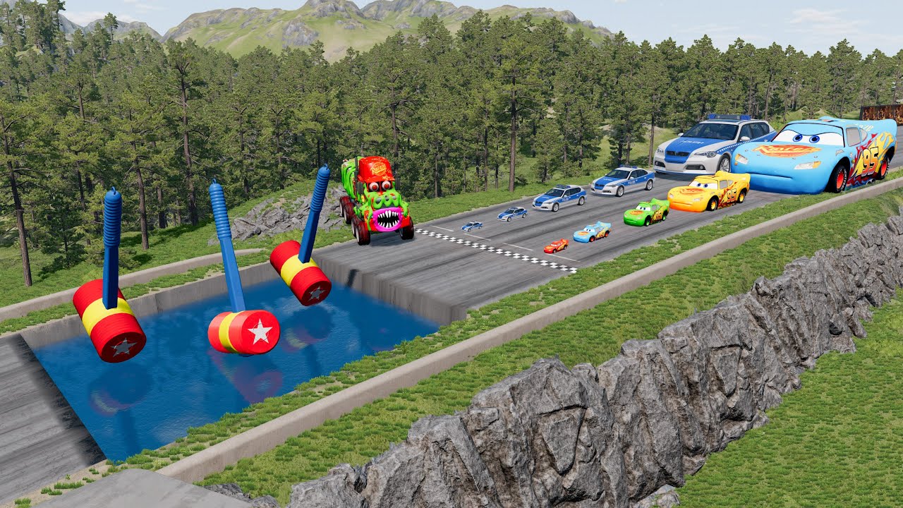 Big & Small McQueen & Police Car vs Zombie Mack,Giant Water Pit & Hammer Downhill Race –BeamNG.drive