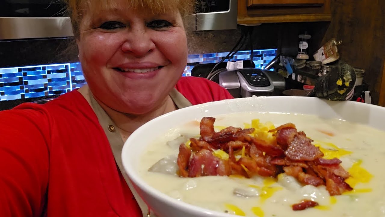 Homemade Creamy Potato Soup topped with Cheese and Bacon and a case of the giggles
