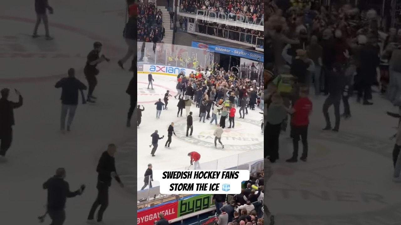 Swedish Hockey fans storm the ice after their team gets promoted back into the top division 🇸🇪