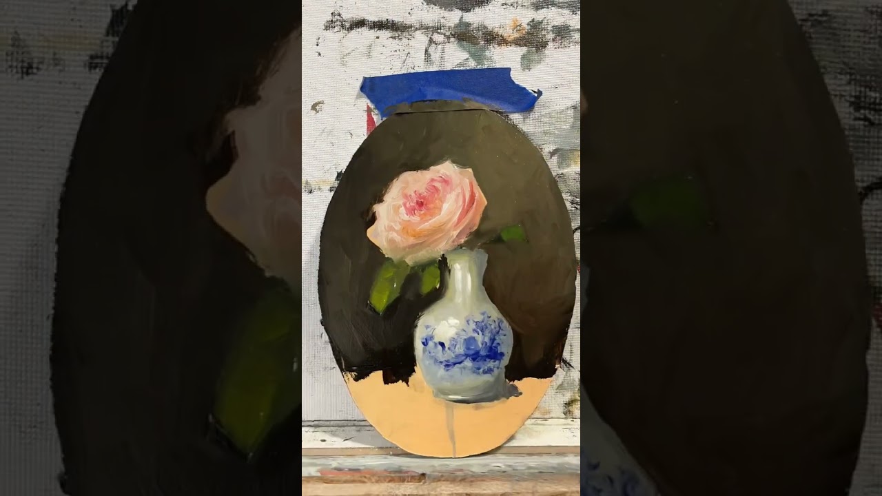 Roses floral stilllife oil painting in antique blue and white vase Carolina Elizabeth art studio