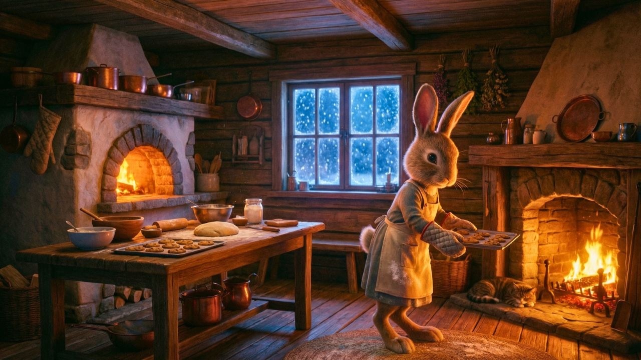 Enchanted Winter Bunny Baker's 🐰 Gentle Fantasy Music & Fireplace Sounds for Ultimate Relaxation