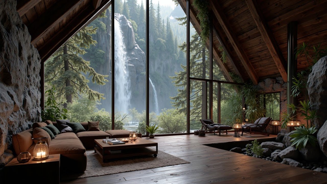 Cozy Cabin Jazz Music for Relaxation & Focus ~ Атмосфера водопада
