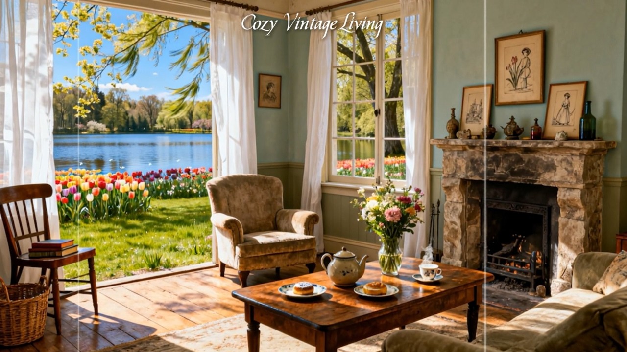 Peaceful Spring Morning by the Lake | 1950s Vintage Jazz Playing in a Cozy Living Room