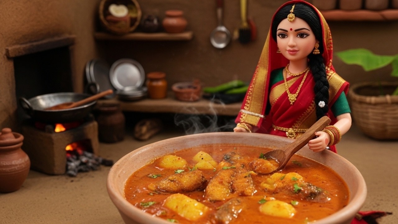 Miniature Doll Rohu Fish Curry Cooking ASMR | Tiny Indian Village Kitchen Story