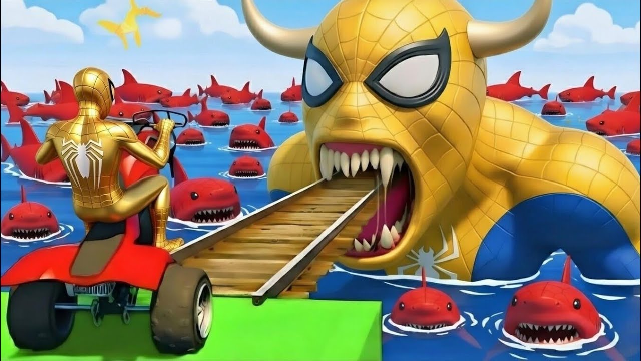 سبايدر مان اصعب دراجة نارية فوق اسماك القرش - Superheroes Ride on Motorcycle Stunt Funny Moments??