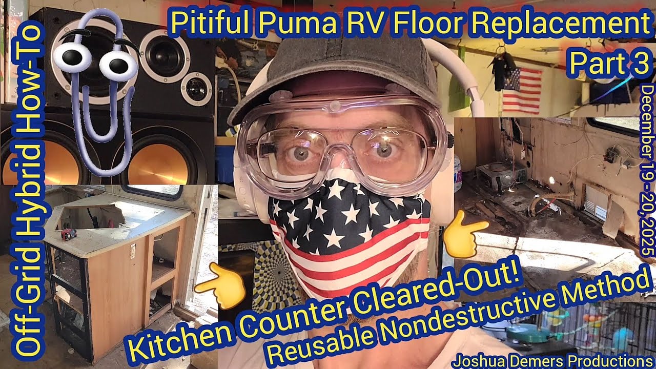 RV Kitchen Cleared Out For Floor Replacement In Pitiful Puma Part 3 How-To Remove Off-Grid Hybrid
