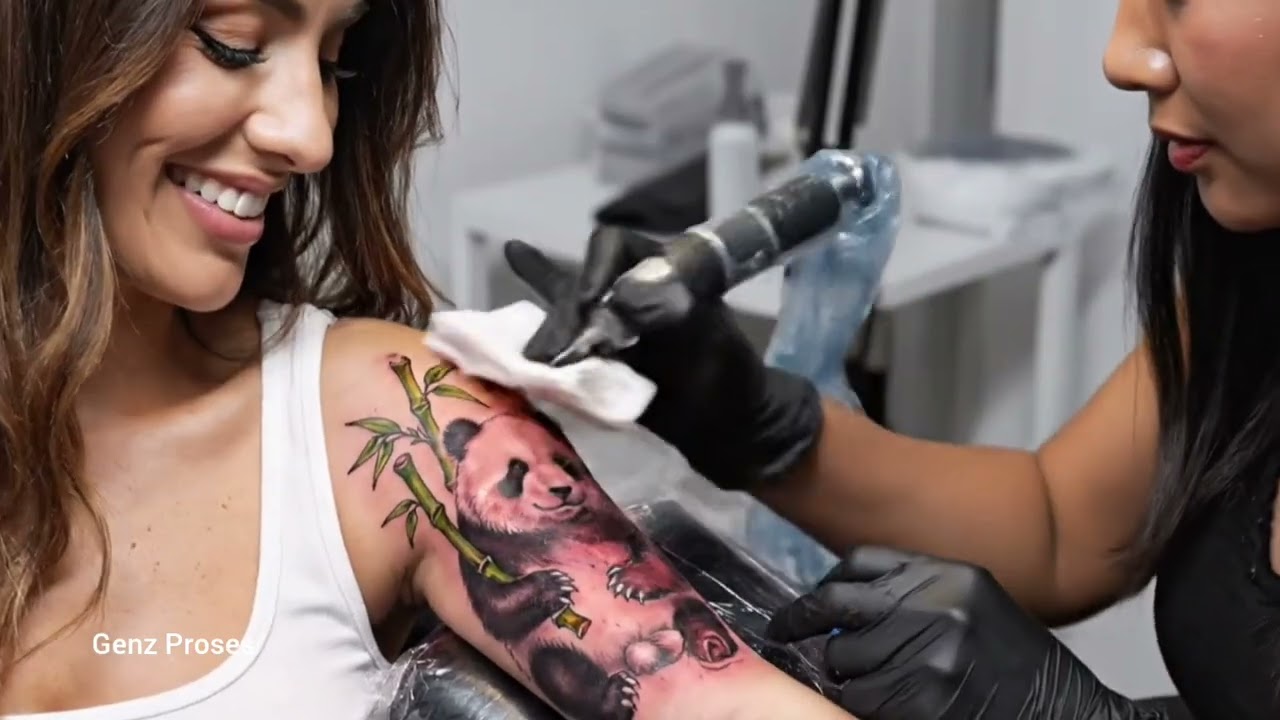 Inside the Tattoo Factory : The Process of Making a Panda Tattoo on a Beautiful Woman's Arm 
