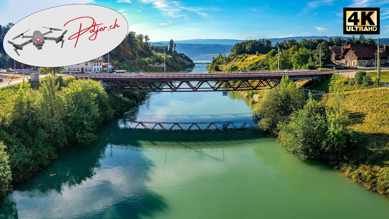 Hagneck Bielersee Br&uuml;cke mit dem Moosrugger im August 2020 - Drohnenflug