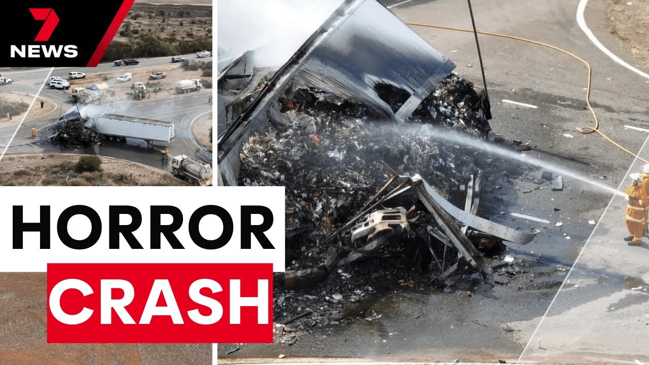 Truck driver dies in horrific fiery Port Wakefield Highway crash | 7NEWS