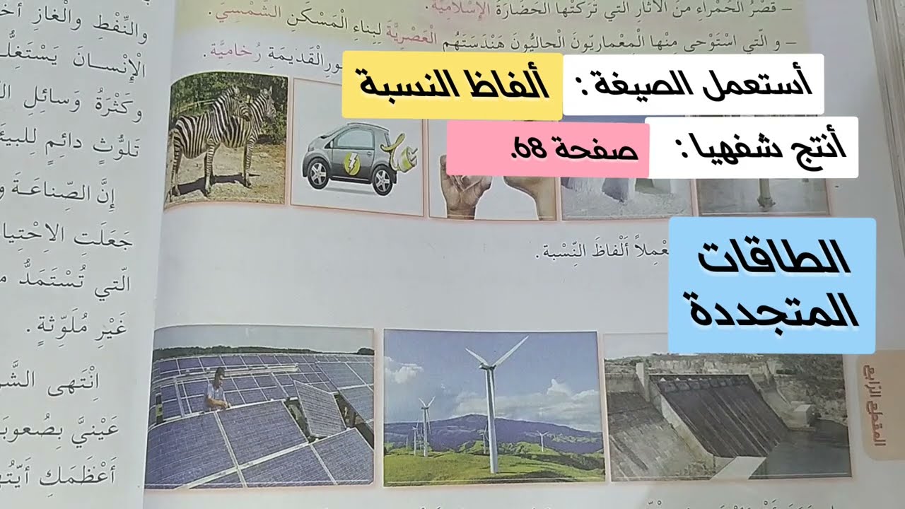 انتج شفهيا صفحة 68 الطاقة المتجددة +  أستعمل الصيغة ألفاظ النسبة للسنة الرابعة ابتدائي