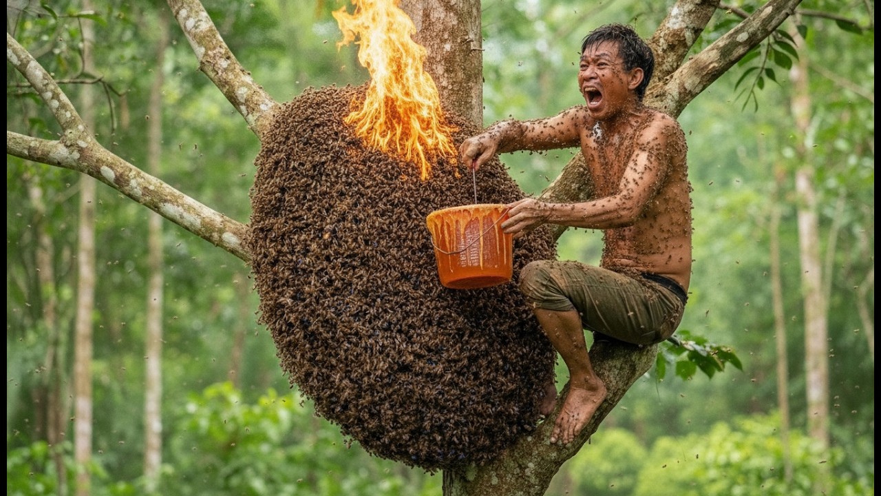 Horrifying Wild Honey Nest Hunt | Climbing Trees While Furious Bees Attack Relentlessly