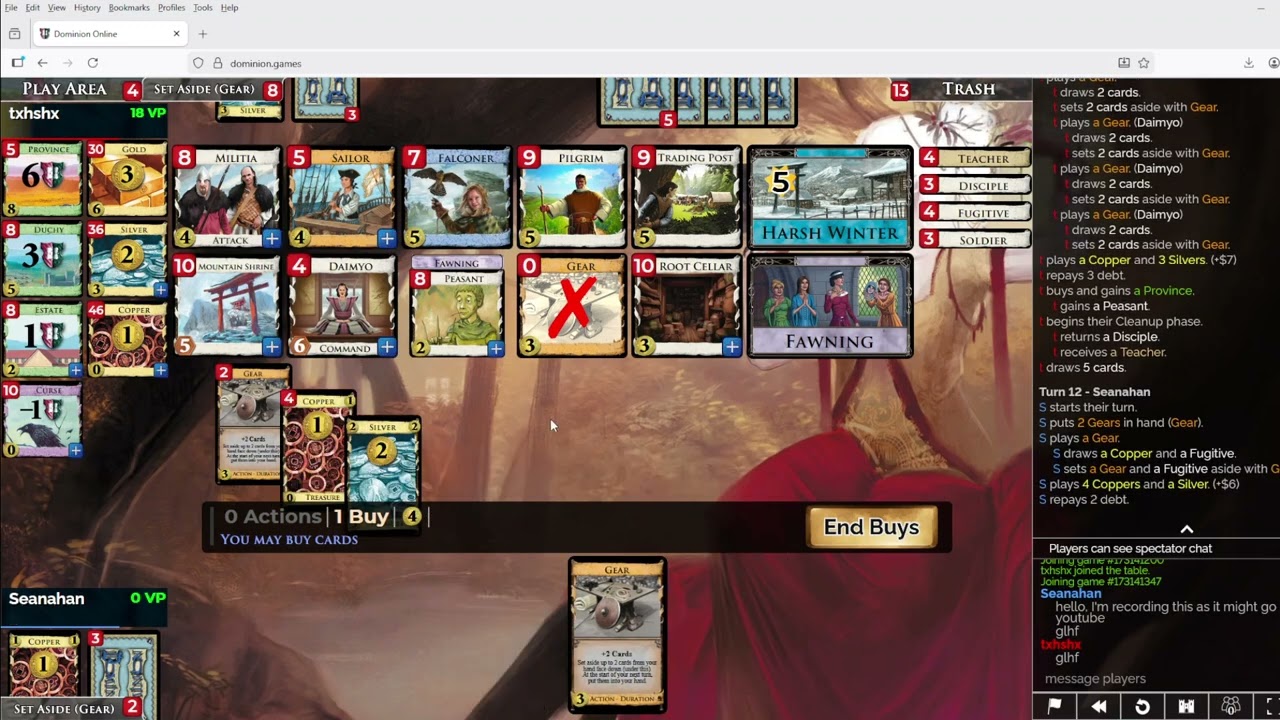 Learning Dominion Rising Sun: Game 1