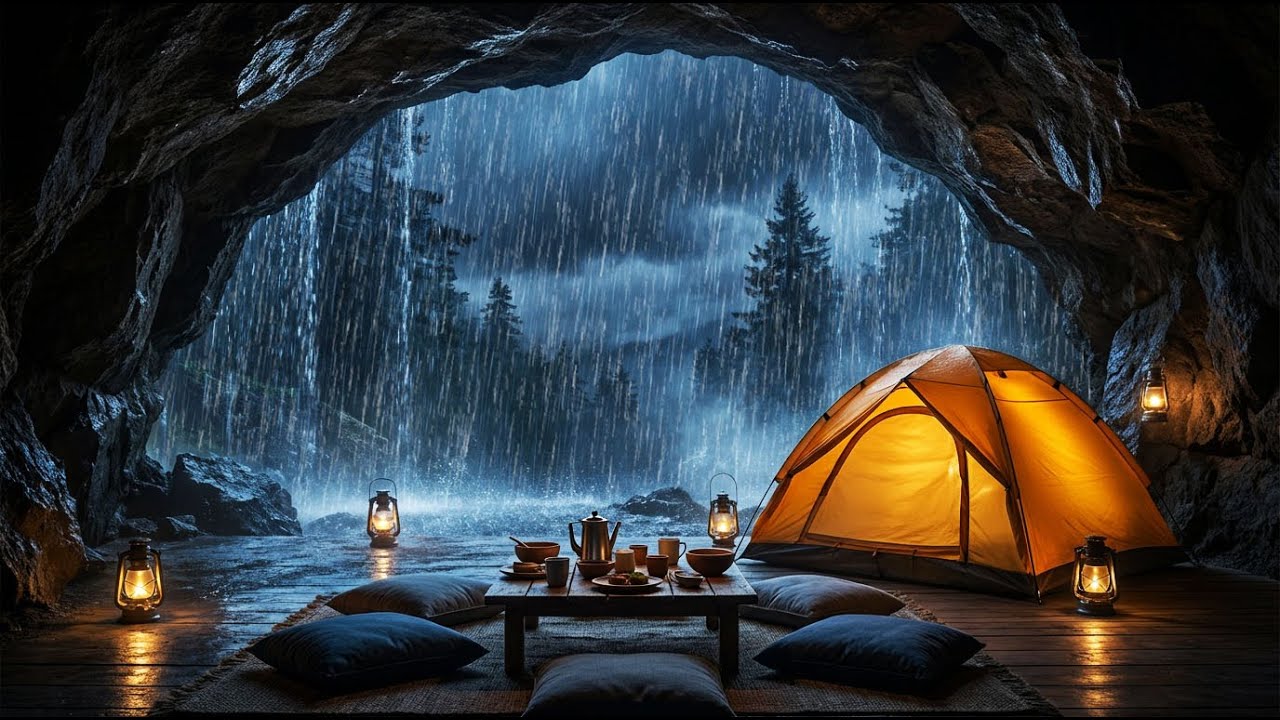 Heavy Rain Night Sounds 🌧️ Forest Cave Ambience for Sleeping Deeply