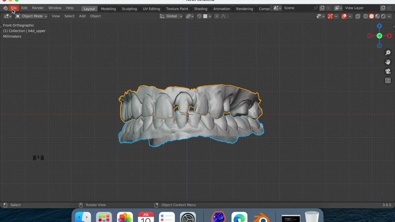 Importing STL file in blender for dental software.
