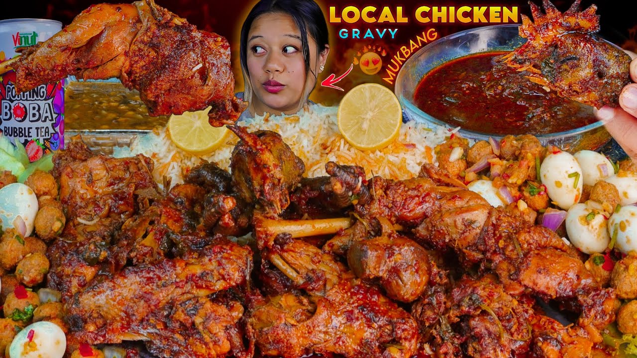 RECIPE+MUKBANG | EATING VILLAGE LOCAL CHICKEN WITH QUAIL EGGS ,SOYA CHUNKS AND GRAVY