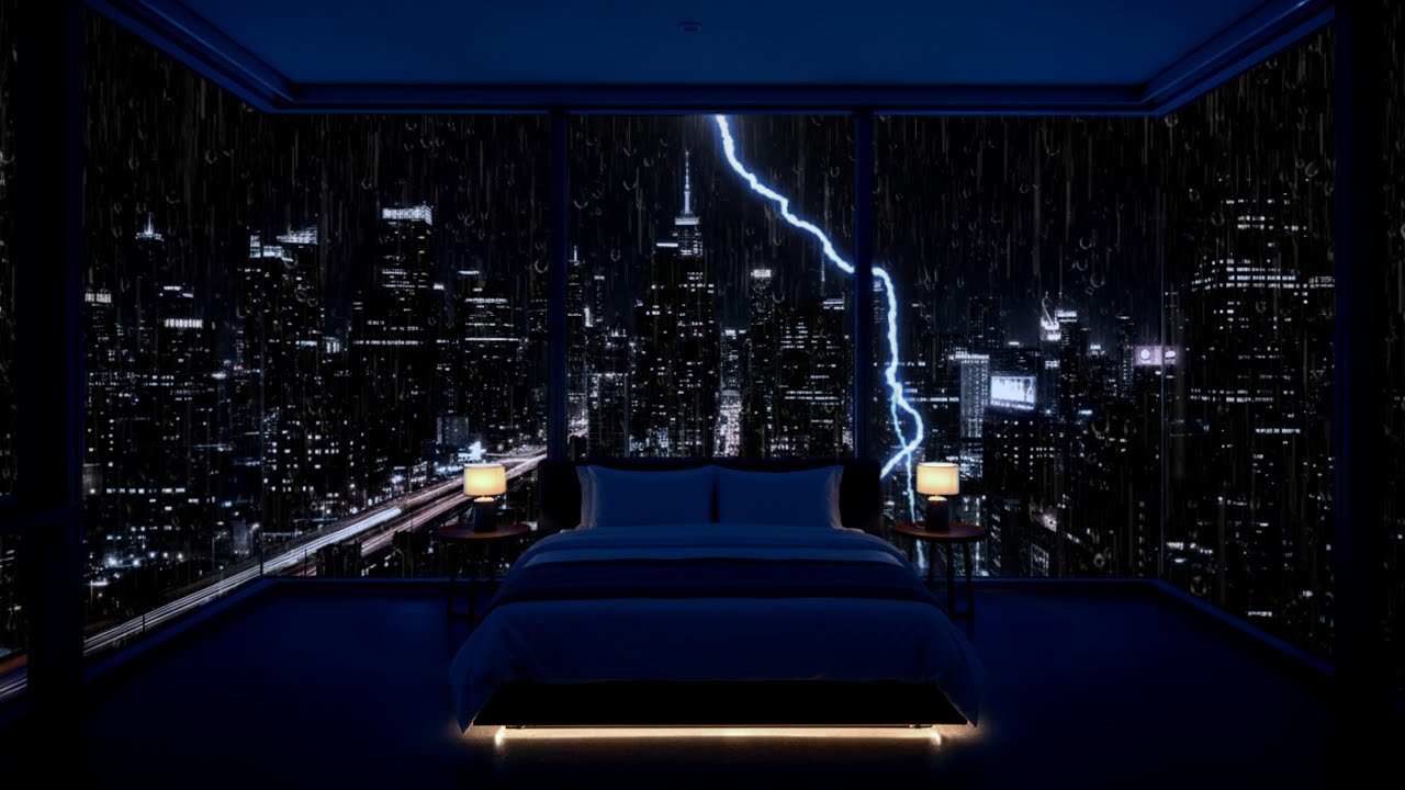 Heavy Rain & Thunder in City at Night 🌩️ Sleep Fast, Stress Relief ASMR