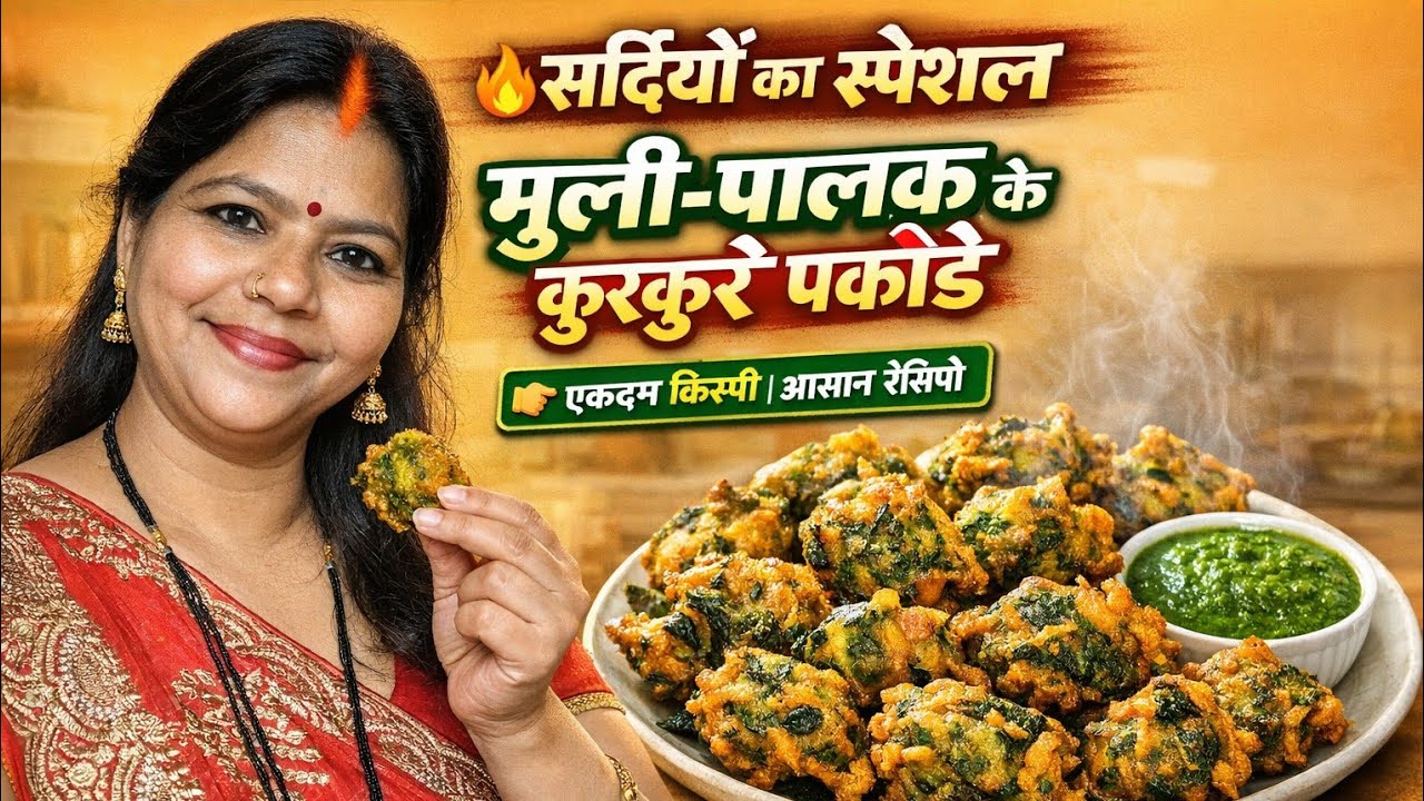 “ऐसे बनाओ तो 100% कुरकुरे बनेंगे!बारिश/सर्दी में या चाय के साथ परफेक्ट!”मूली-पालक के कुरकुरे पकोड़े 