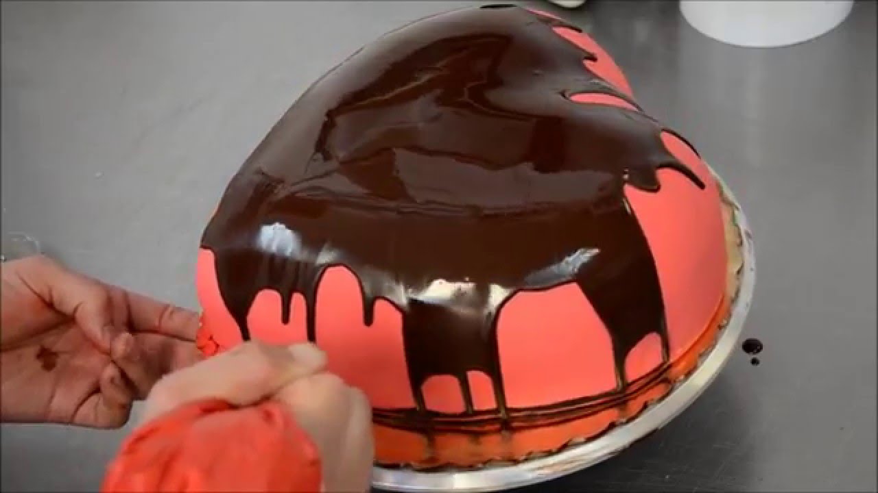 Valentines Day Heart Shape Cake With Chocolate Glaze Poured On Top