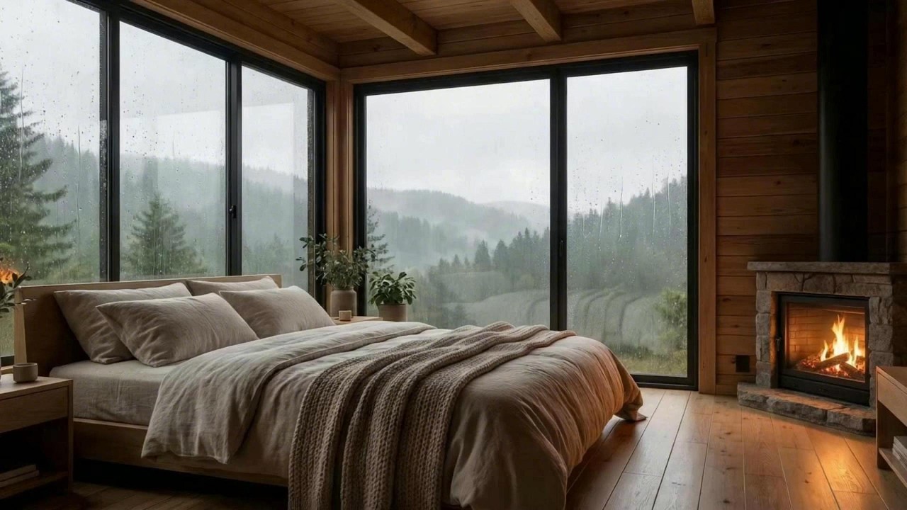Rain Outside the Bedroom Window & Cozy Fireplace for Deep Sleep