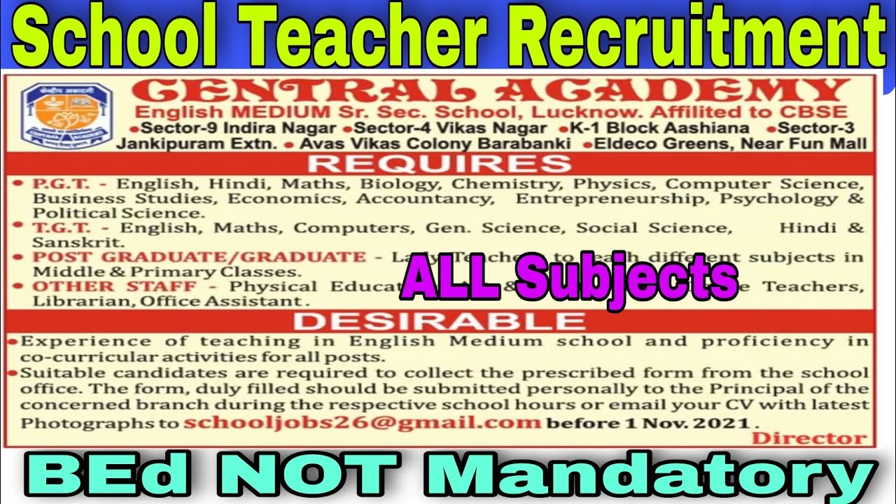 School Teacher Recruitment | All Subjects | Without BEd | TGT PGT PRT OTHERS | No Fee | Govt Jobs
