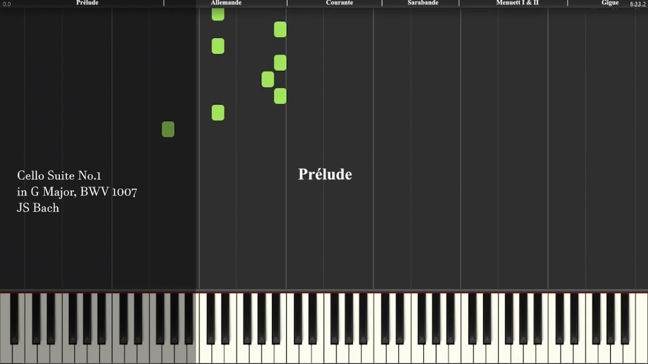 Cello Suite No. 1 in G Major - BMV 1007 - JS Bach - Synthesia Piano Tutorial