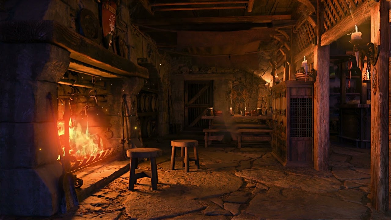 Tavern Harp Music Fireside Crackling | Medieval Tavern Ambience for Sleep, Relaxation, Study, Focus