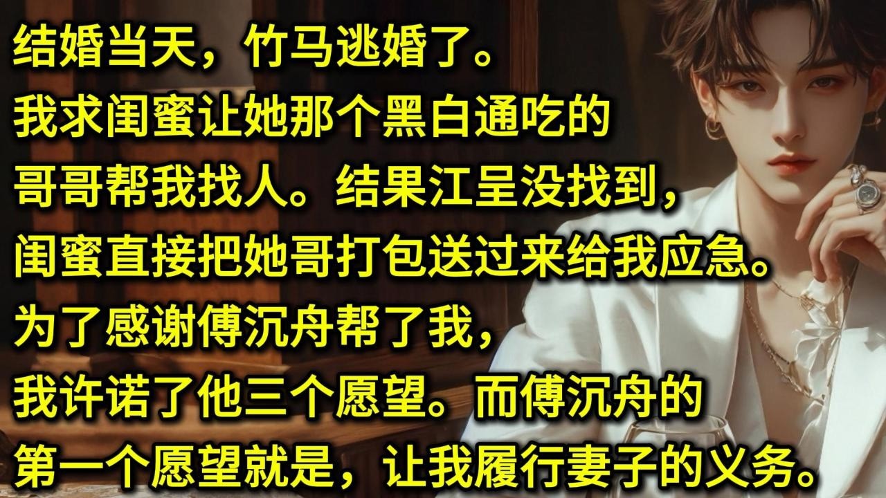 结婚当天，竹马逃婚了。我求闺蜜让她那个黑白通吃的哥哥帮我找人。结果江呈没找到，闺蜜直接把她哥打包送过来给我应急。为了感谢傅沉舟帮了我，我许诺了他三个愿望。而傅沉舟的第一个愿望就是，让我履行妻子的义务。