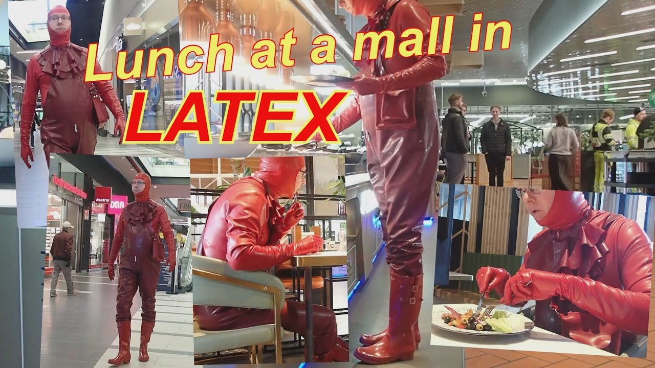 visiting a mall and having lunch in red latex