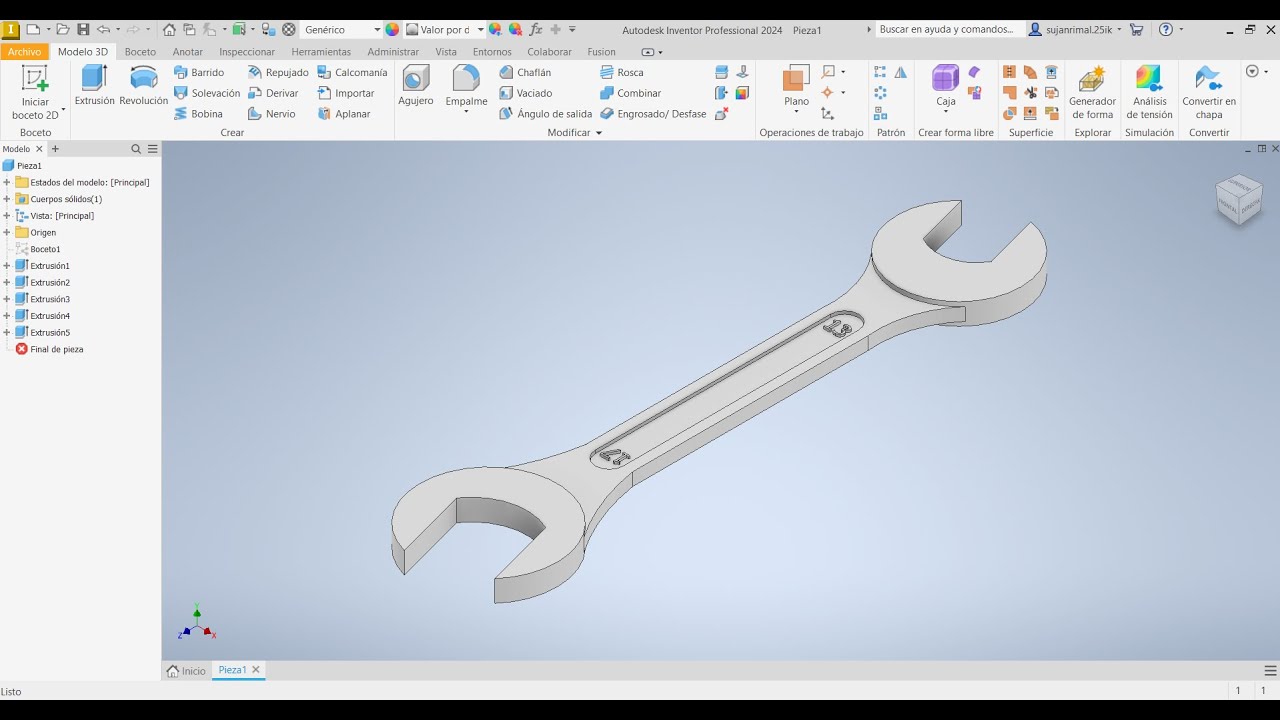 Inventor - beginner practice 3d modeling of double open-ened wrench (llave inglesa)