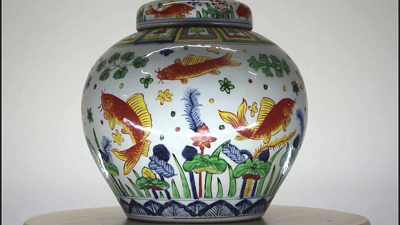Jiajing Rare Imperail Wucai Guan Fishes Swimming Among Lotus Flowers