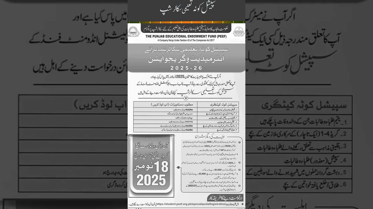 PEEF Scholarship 2025 -2026 | Special Quota Educational Scholarship | Punjab Educational Endownment