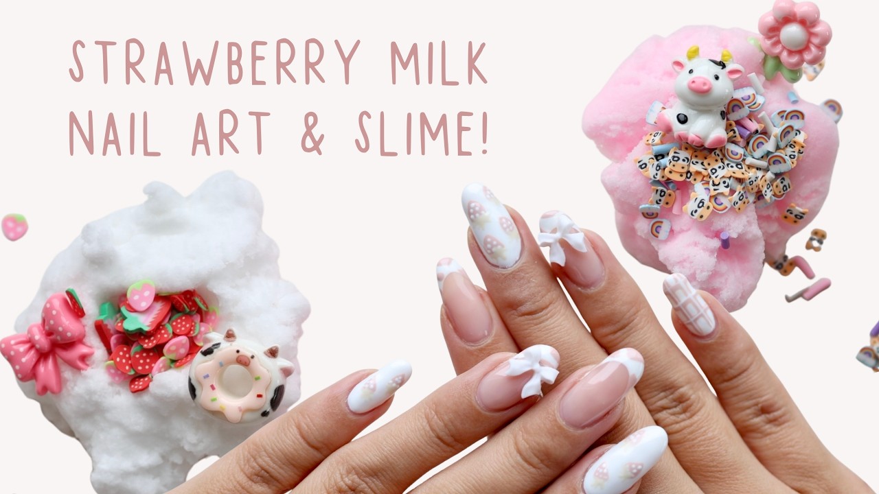 Matching my Nails to Slime?! | Strawberry Milk Nail Art | Playing with Slime ASMR