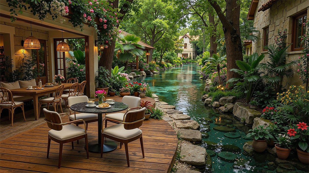Serene Riverside Garden Café Jazz 🌿 Smooth Piano & Crystal Water for Deep Focus & Relaxation