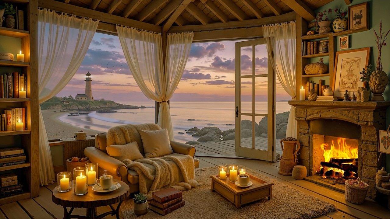 Cozy Sunset Cabin Ambience 🏖 Relaxing Jazz Instrumental Music & Nature Sounds for Deep Focus