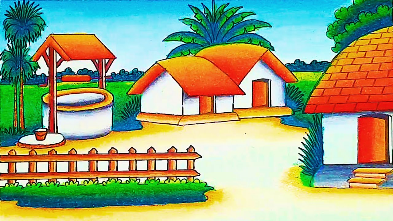 How to draw easy scenery | beautiful village scenery drawing step by step easy with landscape nature