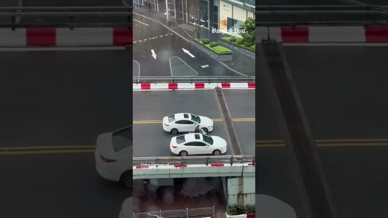 Cars help shield motorcycles from the storm