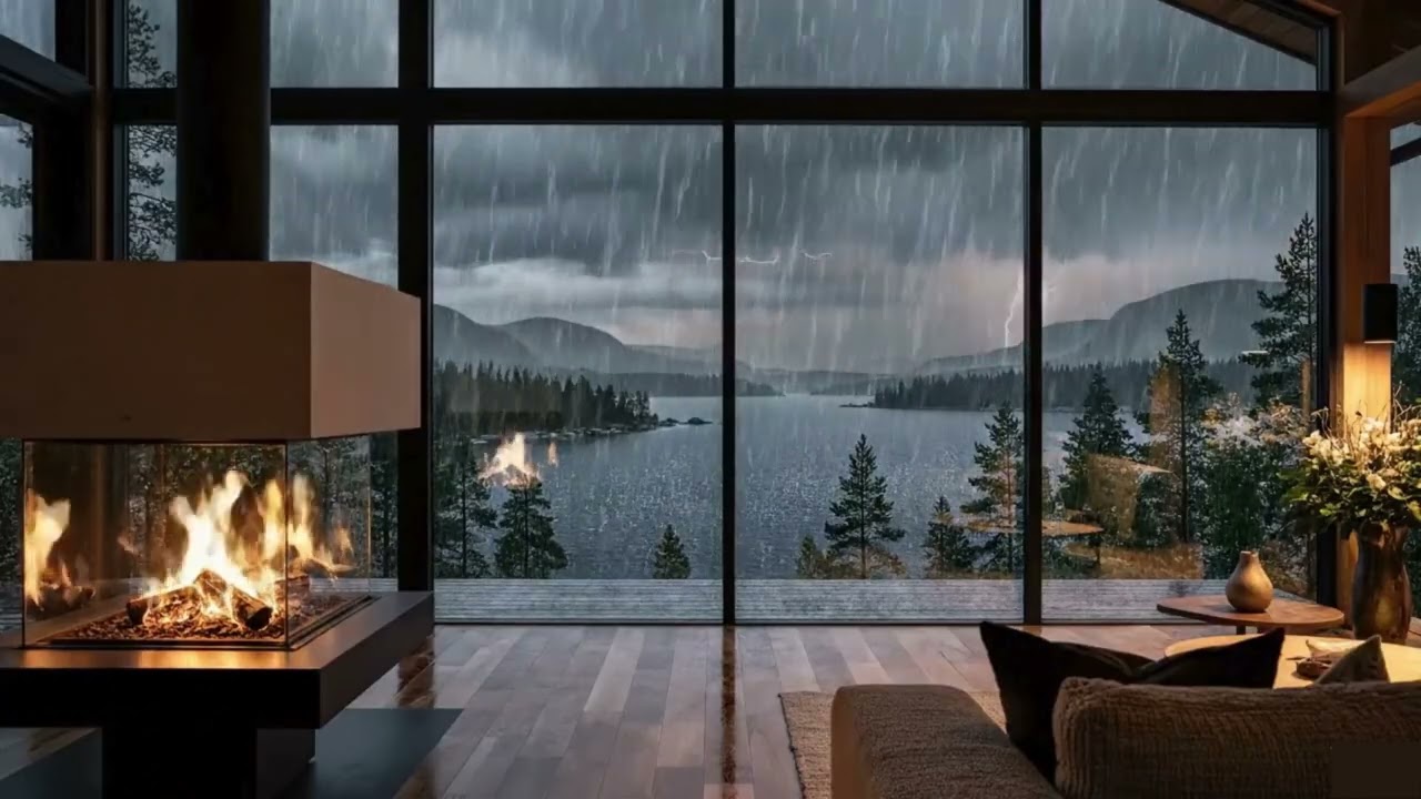 Rain in Glass House – Nordic Lake Storm 🌧️🔥 Rain & Fireplace Sounds for Deep Sleep (1 Hour)