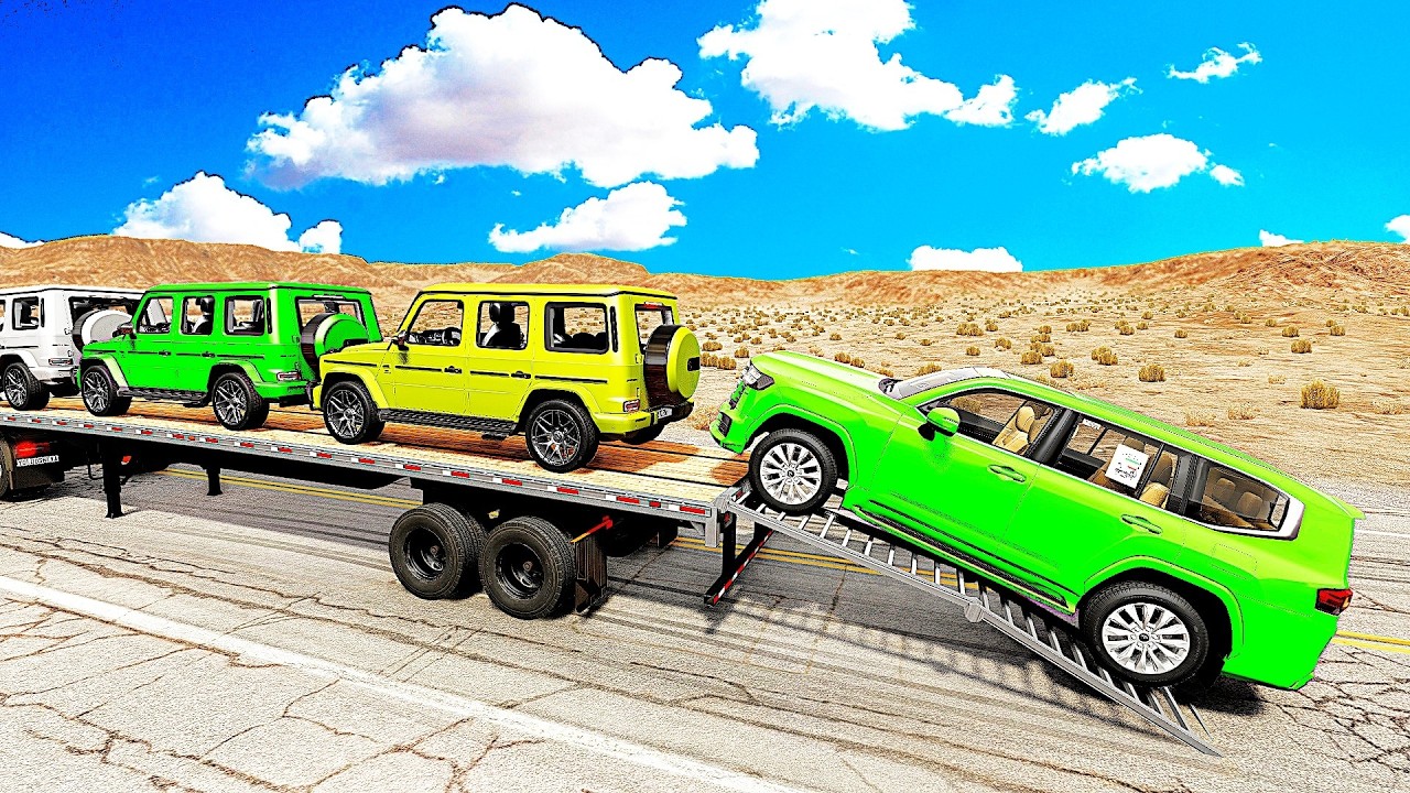 Four Trucks Transporting cars with Flatbed Trailers | Cars vs Speedbump vs Train vs Pothole #0004