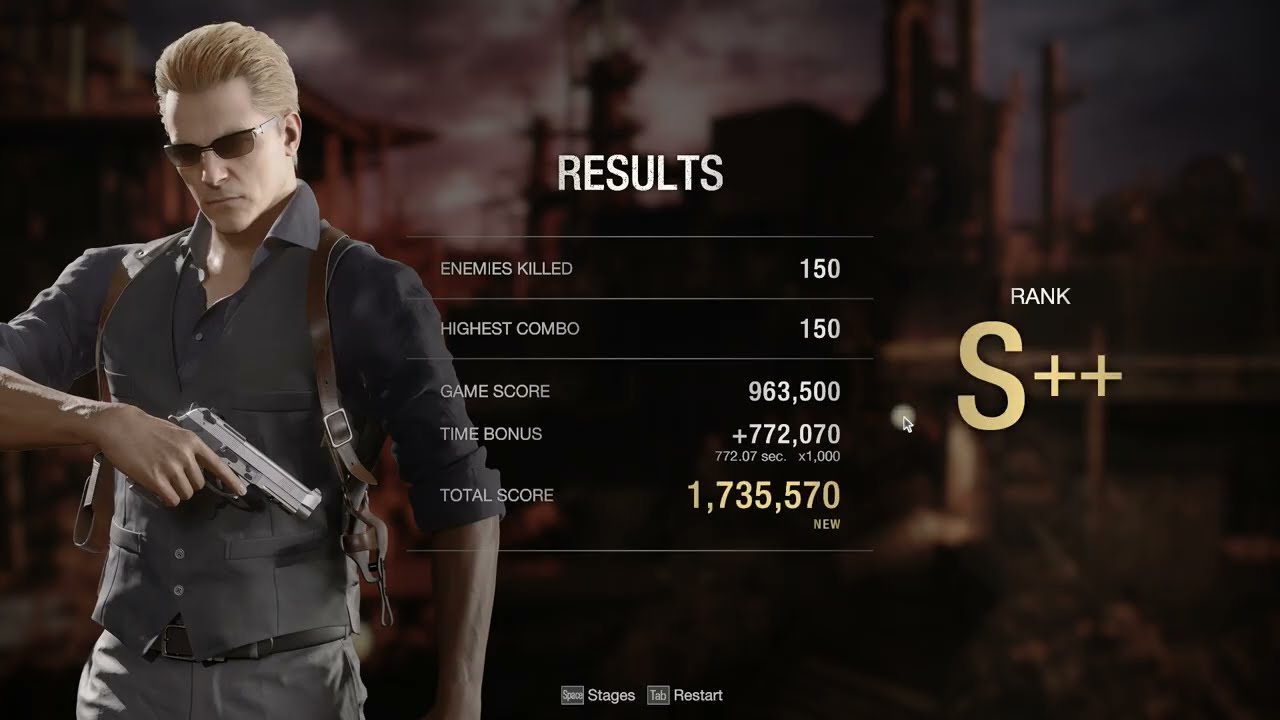 Wesker on island | 1,735,570 Score S++ | 150 Max combo