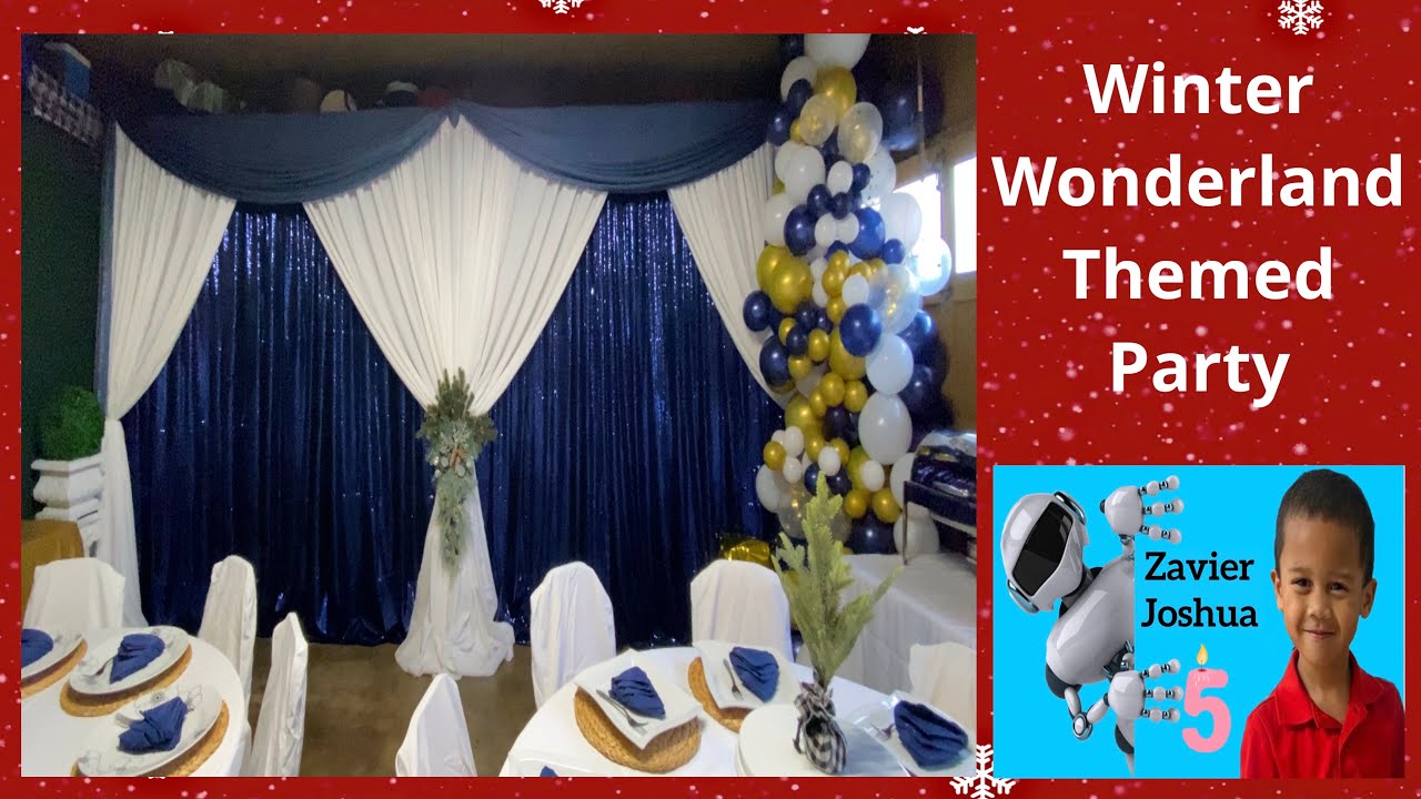 DIY Winter  Wonderland Themed Party | White, Blue and Gold Backdrop