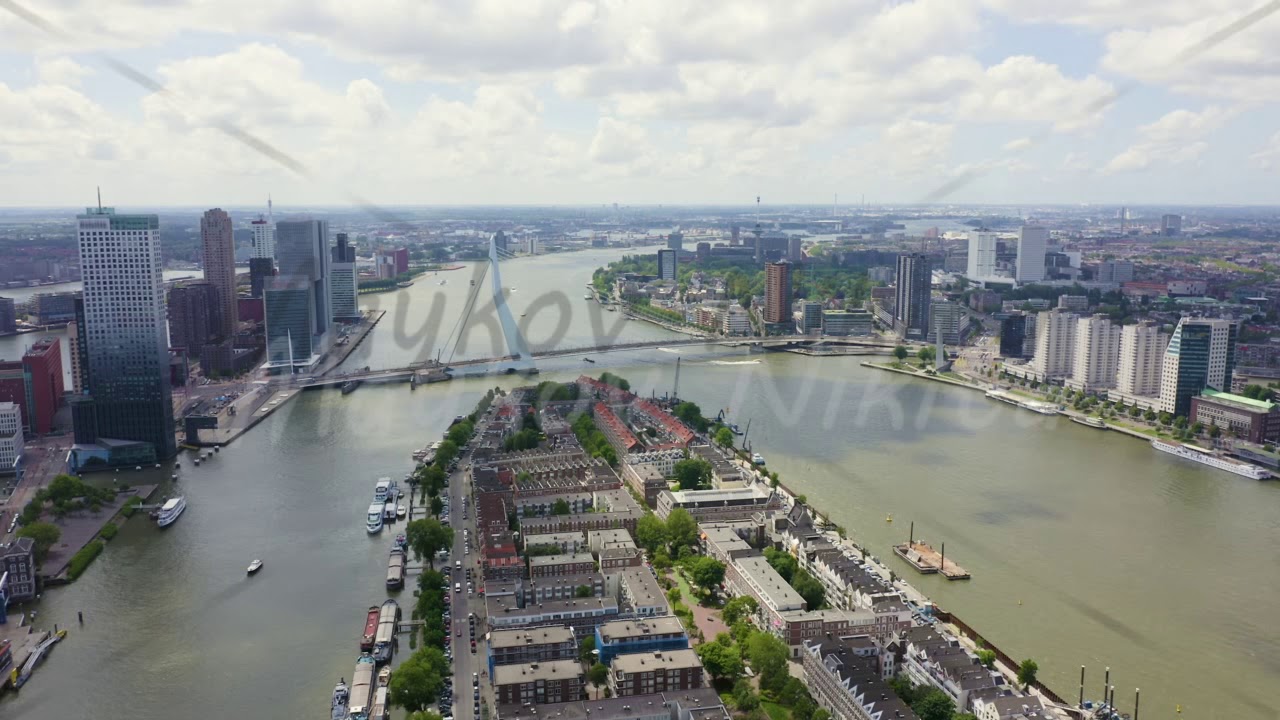 Rotterdam, Netherlands. Norderayland Island ( North Island ) and Erasmus Bridge ( Erasmusbrug ) ove