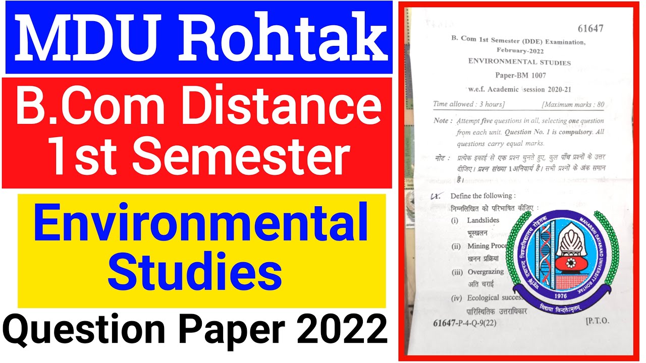 Mdu B.Com Distance 1st Semester Enviromental Studies Question Paper 2022 || Mdu Distance Bcom Paper