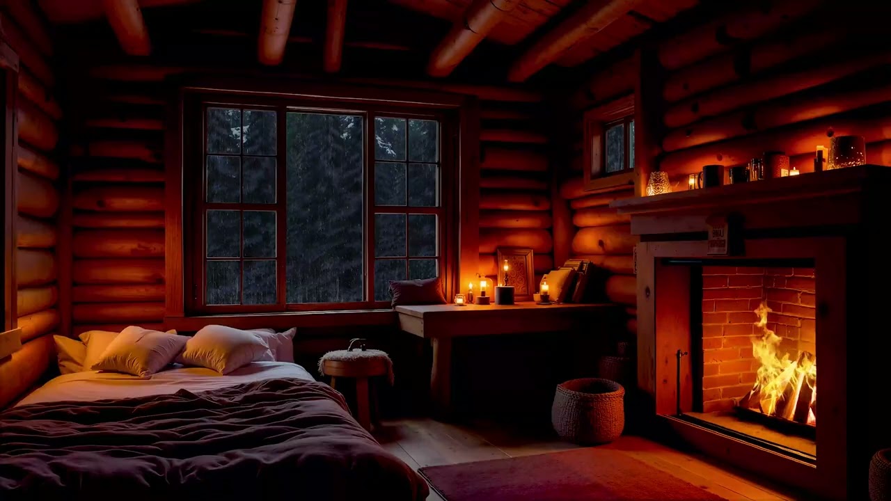Night Cabin Ambience | Heavy Rain, Warm Lights & Fireplace Sounds for Deep Sleep