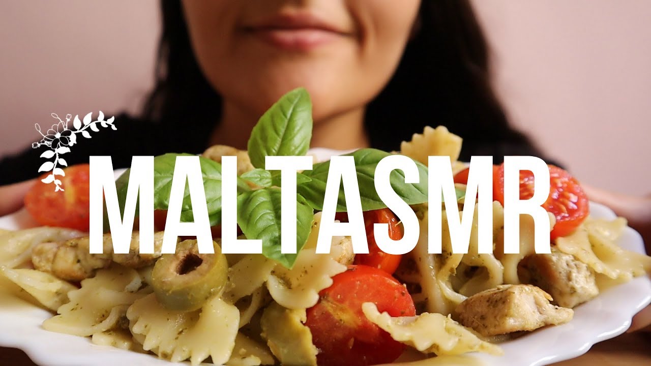 ASMR EATING *MEDITERANNEAN* PASTA SALAD (Chicken, Pesto, Olives, Tomatoes) - MUKBANG |  MaltASMR